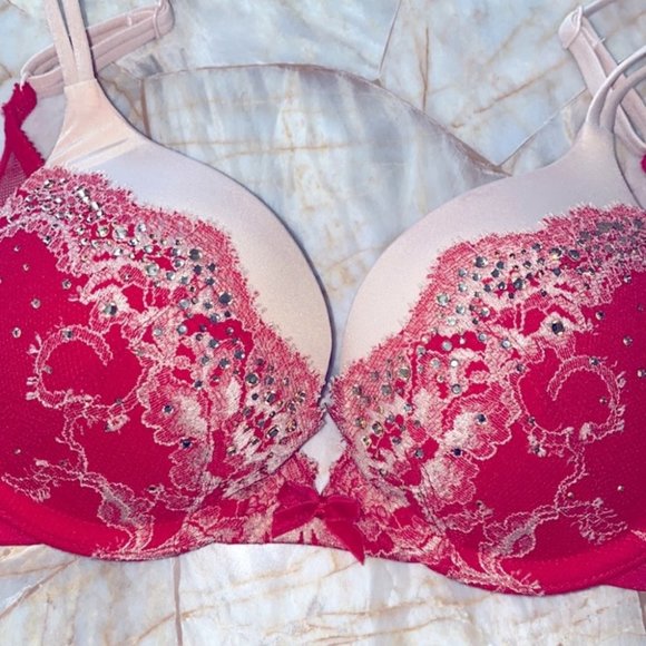 Rare 34A VS Very Sexy Seduction Pink PushUp Bra Swarovski Red - Picture 1 of 7
